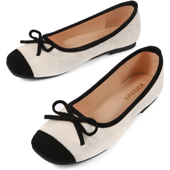 🆕Women Apricot Faux Suede Cap Toe Bow Slip On Flats Square Toe Dressy Shoes - Picture 4 of 7